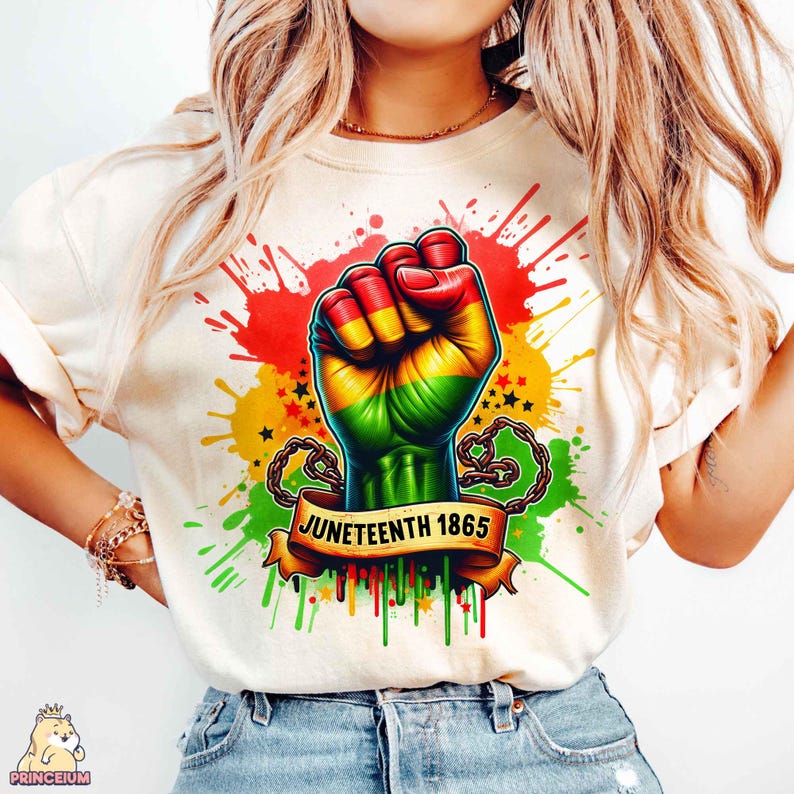 K&ouml;nnte beinhalten: Ein wei&szlig;es T-Shirt mit einer bunten Grafik einer erhobenen Faust mit Ketten und dem Text "Juneteenth 1865". Die Grafik ist von bunten Farbspritzern umgeben.