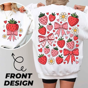 Erdbeere Schleife PNG, niedliches Kawaii Sublimationsdesign, digitale Datei für Mädchen Shirt, Erdbeerherzen Blumen druckbare Kunst Png