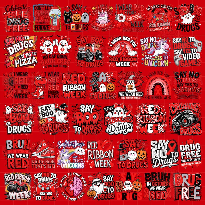 May include: A collage of red and white anti-drug themed graphics. The designs include text like "Say No to Drugs," ghosts, pumpkins, and ribbons. The overall theme is promoting drug-free living, with a focus on Red Ribbon Week.