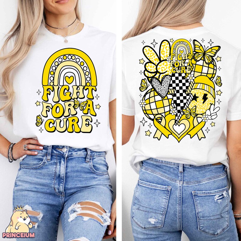 May include: White t-shirt with a yellow rainbow and the text "Fight for a Cure" on the front. The back of the shirt features a yellow ribbon, hearts, butterflies, and other designs.