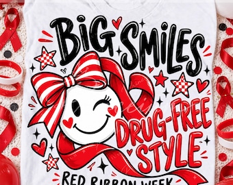 Big Smiles Drug Free Style Png, Red Ribbon Week Png, Winking Smiley Face, Coquette Striped Bow, Preppy Teacher Sublimation