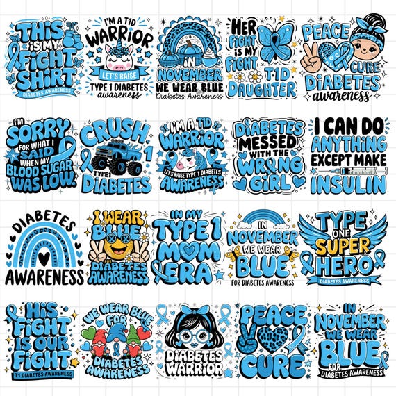 Diabetes Awareness Png Bundle In November Wear Blue, Diabetes Month Shirt, Blue Ribbon Support T1D Warrior, Women Diabetes Support Png