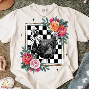 Farmhouse Chicken Sublimation Design PNG, Vintage Hen with Bow and Flowers Digital File, Country Checkerboard Printable Art Png