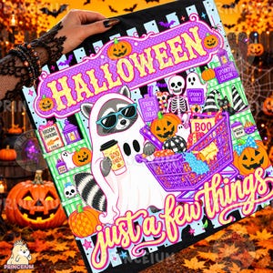 May include: A square graphic print featuring a raccoon dressed as a ghost wearing sunglasses and holding a coffee cup labeled Boo Brew. The raccoon pushes a purple shopping cart filled with pumpkins and candy. Text includes Halloween and Just a few things.