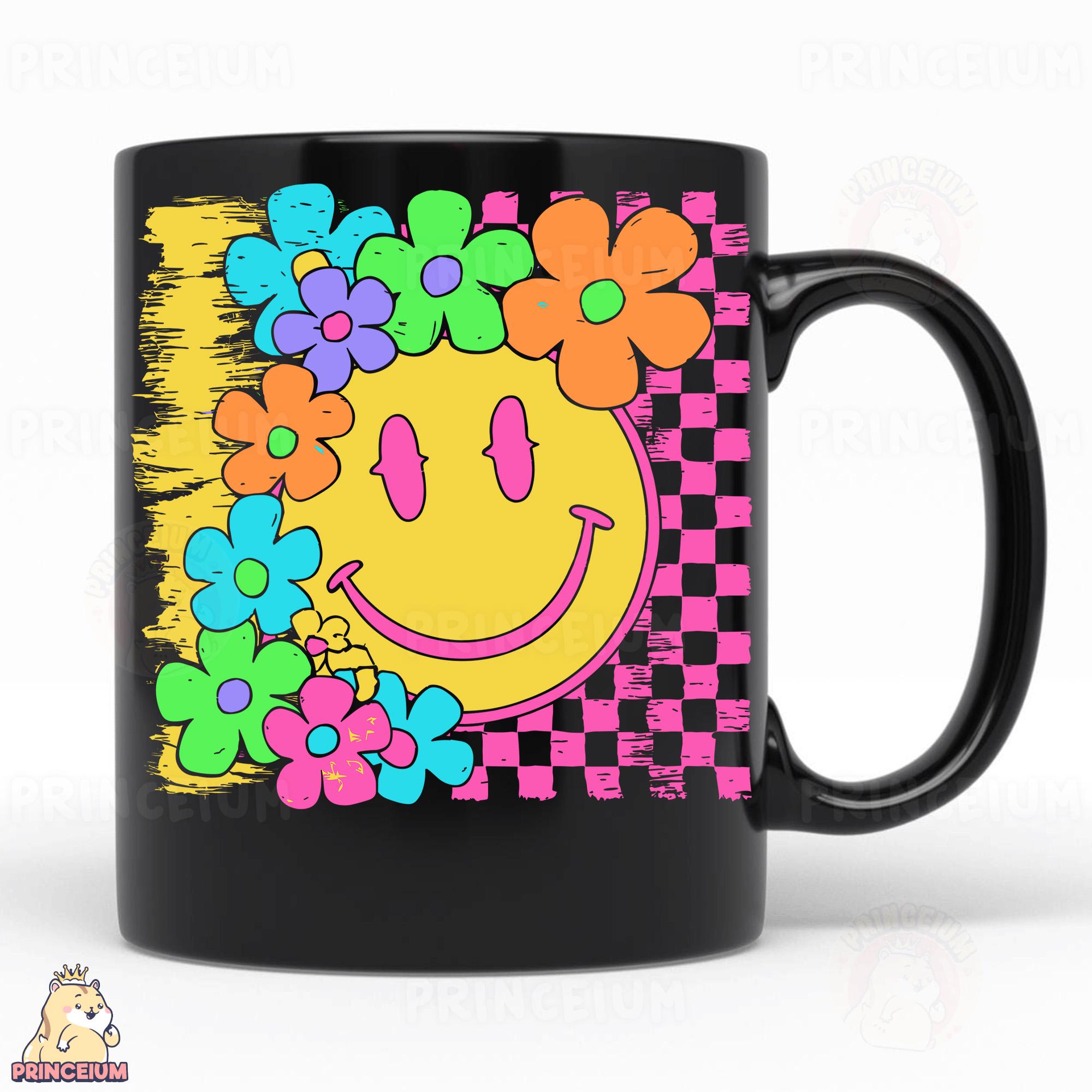 レトロなスマイリーフェイスPNG、カラフルな花の昇華、ヒッピー