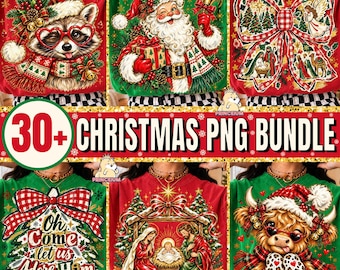 May include: A digital collection of Christmas-themed graphic designs featuring a raccoon in heart-shaped glasses, Santa Claus with a bell, a nativity scene inside a large bow, a manger scene, and a highland cow wearing a Santa hat and glasses.