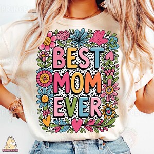 Sublimatieontwerp beste moeder ooit, kleurrijke bloemen luipaard achtergrond digitaal bestand, leuk Moederdagshirt png, heldere retro moederkunst png