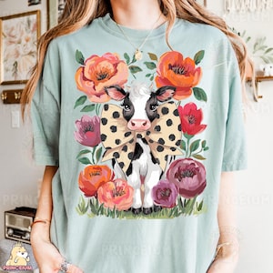 Vache avec motif en sublimation noeud léopard, ferme florale PNG, fichier numérique mignon vache de printemps, chemise fille de la campagne, animaux de la ferme imprimable PNG