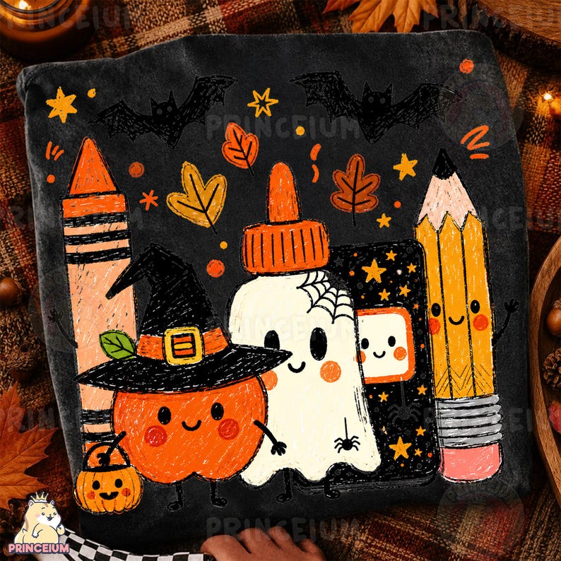 Op de afbeelding: Een zwart stoffen item met een kleurrijke afbeelding van een lachende oranje pompoen met een heksenhoed, een wit spookje, een geel potlood en een oranje kleurpotlood. Het ontwerp bevat herfstbladeren, zwarte vleermuizen en kleine sterren.