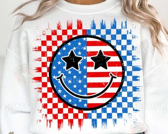 Patriotic Smiley Face PNG, USA Flag Sublimation, 4th of July Digital File, Grunge Checkered Design, Retro American T-Shirt PNG