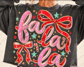 Fa La La Png, Preppy Christmas Png, Pink And Red Coquette Bows, Glitter Ribbon Lettering, Candy Cane Holiday Sublimation