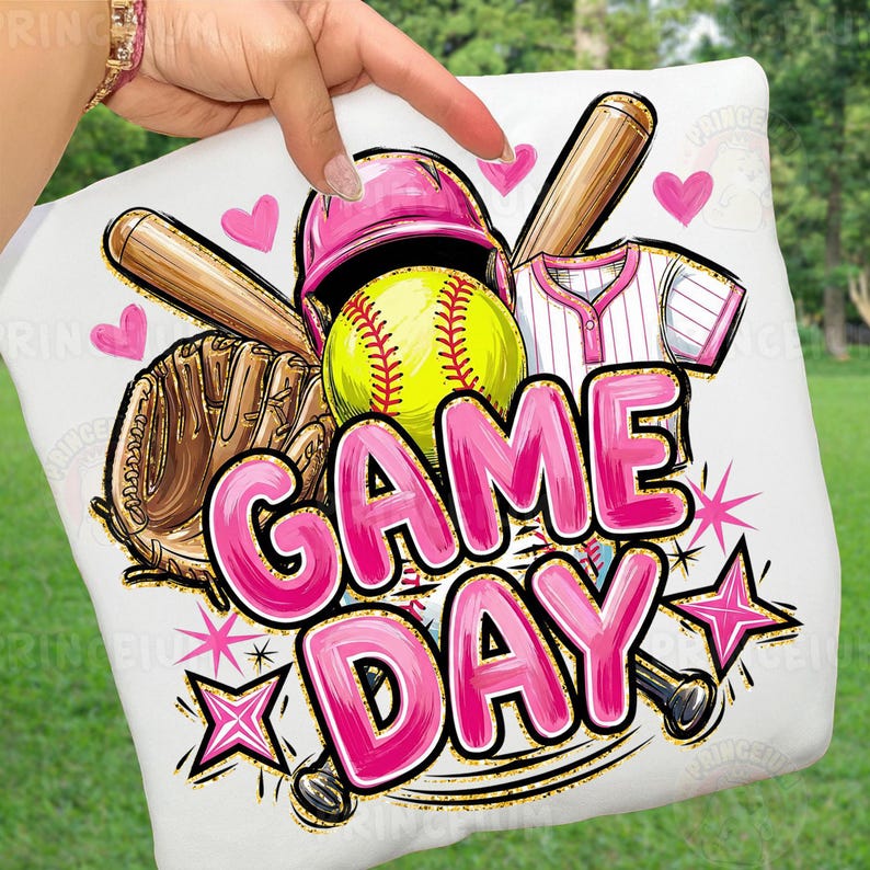May include: White cushion featuring a softball design. The image includes a yellow softball, pink helmet, baseball bat, glove, and the words "GAME DAY" in pink with a black outline. Pink hearts and stars complete the design.