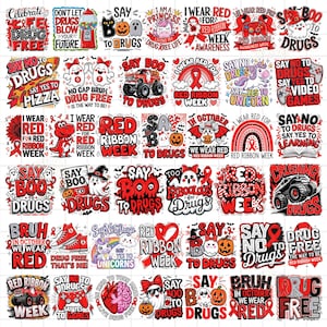 May include: A collection of stickers with anti-drug messages and Halloween themes. Designs include phrases like "Say No to Drugs," "Say Boo to Drugs," and "Drug Free." The stickers feature various graphics, including ghosts, pumpkins, and red ribbons.