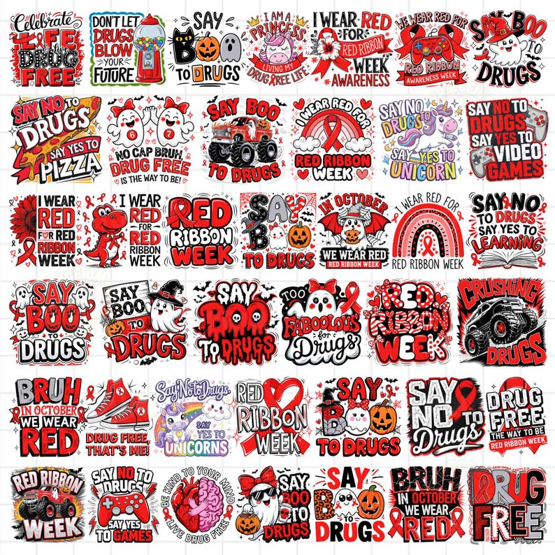 May include: A collection of stickers with anti-drug messages and Halloween themes. Designs include phrases like "Say No to Drugs," "Say Boo to Drugs," and "Drug Free." The stickers feature various graphics, including ghosts, pumpkins, and red ribbons.