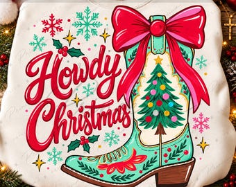 Howdy Christmas Png, Christmas Cowboy Boot Png, Western Christmas Tree, Coquette Red Bow, Preppy Cowgirl Design, Holiday Sublimation