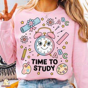 Tempo di studiare, disegno a sublimazione, scuola digitale kawaii carina, sveglia ABC PNG, grafica per maglietta di ritorno a scuola, download di apprendimento pastello