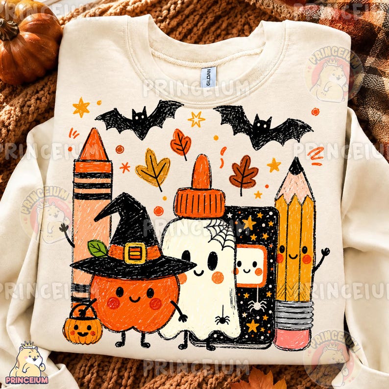 Op de afbeelding: Een cr&egrave;mekleurig sweatshirt met ronde hals en een kleurrijke grafische print van een pompoen met een heksenhoed, een spookje, een waskrijtje en een potlood. Het ontwerp bevat zwarte vleermuizen, oranje herfstbladeren en kleine sterretjes.