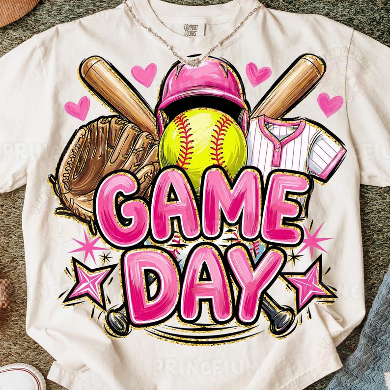 May include: Cream-coloured t-shirt with a softball-themed graphic. The design features a pink helmet, a yellow softball, a baseball glove, bats, and the words "GAME DAY" in pink. Pink hearts and stars complete the design.