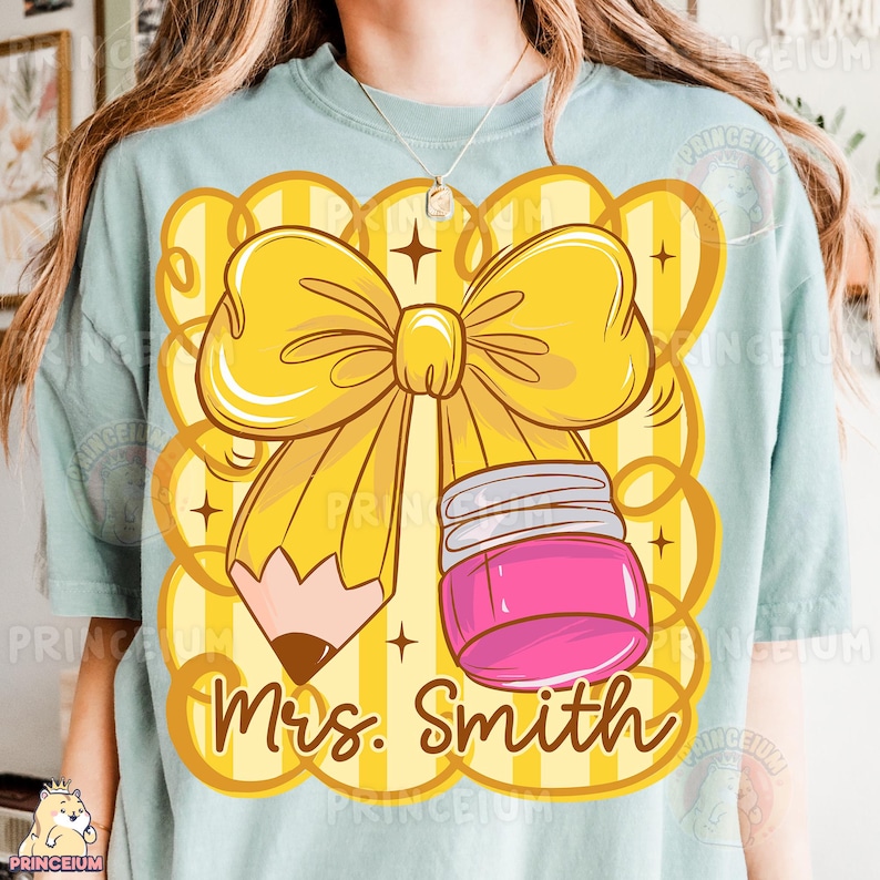 Coquette Teacher PNG – Personalized Back to School Sublimation, Girly Pencil & Jar Design, Custom Name Teacher Shirt Digital Download image 6