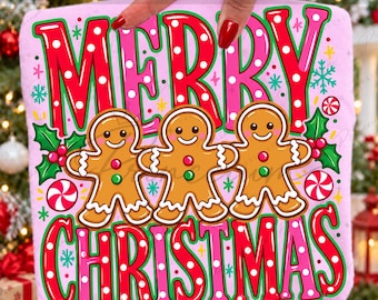 Merry Christmas Gingerbread Png, Preppy Christmas Png, Cute Gingerbread Trio, Pink Red Polka Dot Letters, Holiday Sublimation