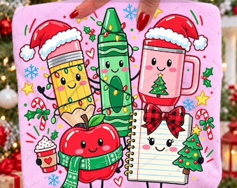 Teacher Christmas Png, Cute School Supplies Png, Preppy Christmas Pencil, Crayon Apple Notebook, Coquette Bow, Teacher Sublimation