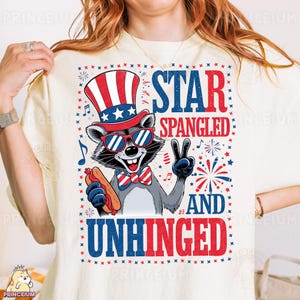 Star-spangled en losgeslagen sublimatieontwerp, grappige patriottische wasbeer digitaal bestand, 4 juli PNG, USA vuurwerkshirt grafische download