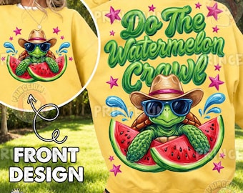 May include: Yellow sweatshirt with a front and back design. The front features a turtle wearing sunglasses and a cowboy hat, with watermelon slices. The back says "Do The Watermelon Crawl" with a turtle graphic and stars.