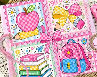 May include: A rectangular sheet featuring four distinct sections with a pink, blue, and yellow checkered pattern. Illustrations include a pink apple, a yellow pencil, a yellow bow, a stack of four colorful books, and a pink and blue backpack.