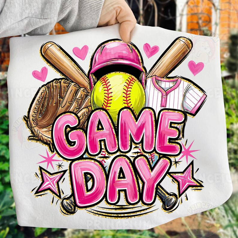 May include: A white design with a softball theme, including a yellow softball, pink helmet, baseball bat, glove, and jersey. The words "GAME DAY" are in pink with a gold outline, surrounded by pink hearts and stars.