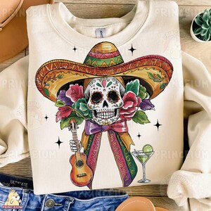 Zuckerschädel Sombrero Sublimationsdesign, Tag der Toten digitale Datei, Fiesta Schädel PNG, mexikanische Gitarre Blumen T-Shirt Design Png, Cinco Png