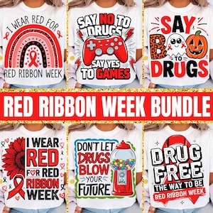May include: A collection of white t-shirts with various red and black graphics and text promoting Red Ribbon Week. Designs include a rainbow, a game controller, a ghost and pumpkin, a sunflower, a gumball machine, and a ribbon.
