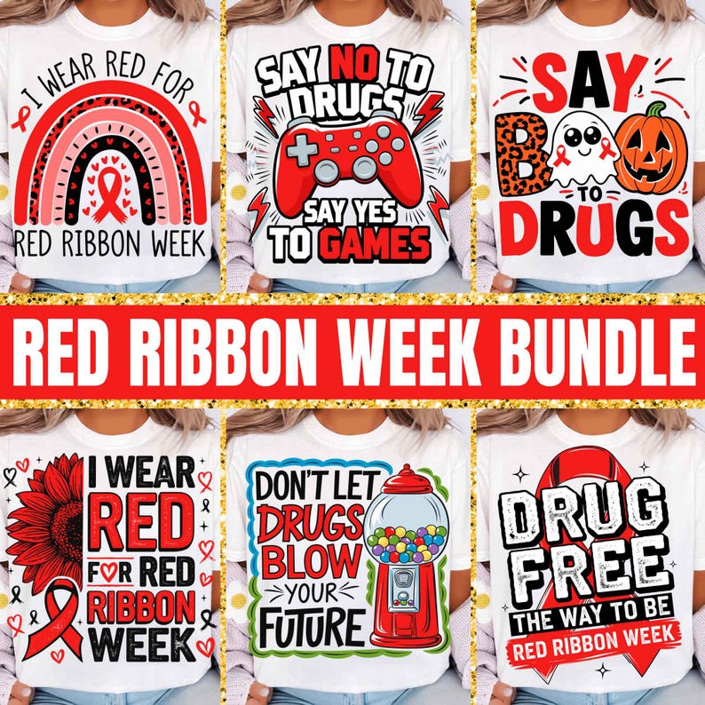 May include: A collection of white t-shirts with various red and black graphics and text promoting Red Ribbon Week. Designs include a rainbow, a game controller, a ghost and pumpkin, a sunflower, a gumball machine, and a ribbon.