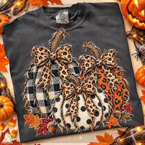 Herfstpompoentrio PNG, nep-borduurwerkapplicatie, luipaardstrikken, pompoenen met buffelruitpatroon, gerafelde patchwork, Thanksgiving-sublimatie