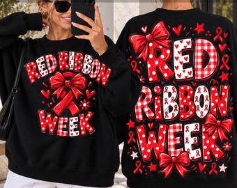 Red Ribbon Week Png, Preppy Coquette Bow Png, Drug Free Awareness, Gingham Polka Dot Letters, Front and Back Sublimation Design