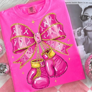 Breast Cancer Awareness PNG Pink Ribbon Boxing Gloves Sublimation Coquette Bow October Shirt Design Fight Cancer Digital Download