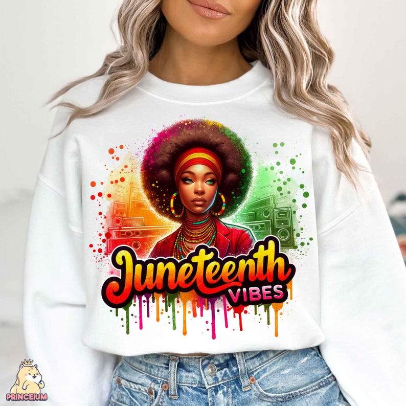 K&ouml;nnte beinhalten: Wei&szlig;es Sweatshirt mit einem bunten Grafikdesign, das eine Frau mit Afro zeigt, die eine rote Jacke und Schmuck tr&auml;gt. Die Grafik enth&auml;lt auch den Text "Juneteenth Vibes".