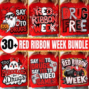 30+ Red Ribbon Week Bundle PNG Söt Rosett Anti-Drog Medvetenhet Sublimeringsdesign Säg Nej till Droger Digital Nedladdning Lärare Elev Skolskjorta