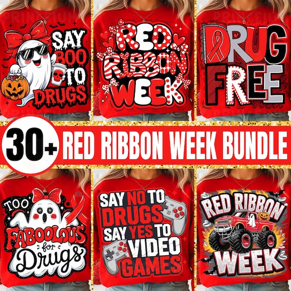30+ Red Ribbon Week Bundle PNG Cute Bow Anti Drug Awareness Sublimation Design Say No to Drugs Digital Download Teacher Student School Shirt