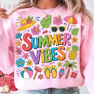 Summer Vibes-sublimatieontwerp, kleurrijk tropisch digitaal bestand, Beach Elements PNG, leuke vakantie shirt kunst, ananas zonnebril clipart