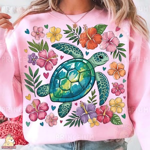 Meeresschildkröte Blumen Sublimationsdesign PNG, tropischer Sommer Strand digitale Datei, süße Ozean Tier Clipart für T-Shirt, Sofort Download
