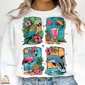 Tropischer Strand Tier Sublimationsentwurf, digitale Datei für T-Shirt, Papagei Flamingo Delphin Sommer PNG, Urlaub Hemd Clipart Png