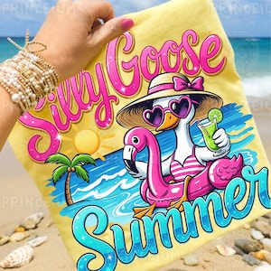 May include: Yellow t-shirt with a graphic of a goose wearing heart-shaped sunglasses and a straw hat, floating on a pink flamingo floatie. The text "Silly Goose Summer" is displayed in pink and blue, with a palm tree and sun graphic.