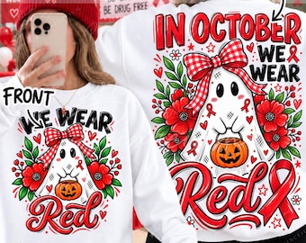 In October We Wear Red Png, Red Ribbon Week Ghost Png, Preppy Halloween Pumpkin, Coquette Bow, Front and Back Design