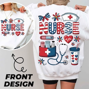 Infirmière patriotique PNG, conception de sublimation 4 juillet, fichier numérique pour chemise RN, infirmière rouge blanc bleu vie imprimable art médical Png