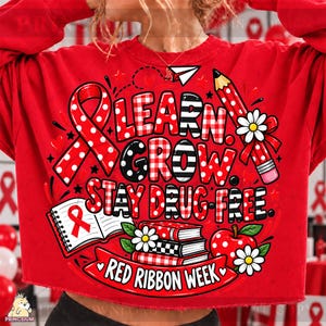 Learn Grow Stay Drug Free Png, Red Ribbon Week Png, Preppy Teacher Design, School Books Pencil Apple, Drug Prevention Sublimation