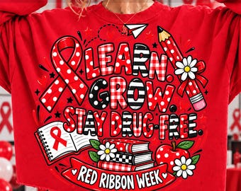 Learn Grow Stay Drug Free Png, Red Ribbon Week Png, Preppy Teacher Design, School Books Pencil Apple, Drug Prevention Sublimation