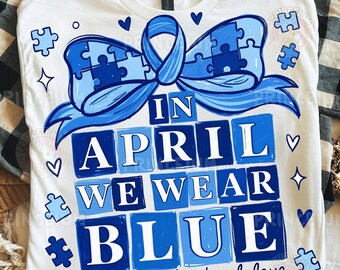 In April We Wear Blue PNG, Autism Puzzle Bow Ribbon, Hand Painted Brushstroke Letters, Awareness Clipart