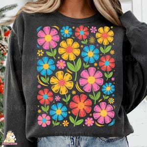 Design de sublimation de fleurs rétro colorées, fichier numérique floral lumineux, Groovy Summer PNG, Design de T-shirt esthétique hippie Png, Floral Png
