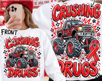 Crushing Drugs Png, Red Ribbon Week Png, Monster Truck Drug Free Design, Boys Awareness Png, Hand Drawn Truck Sublimation