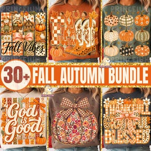 May include: A collection of fall-themed graphic designs featuring pumpkins, cowboy boots, and autumn leaves. The graphics include text such as Fall Vibes, God is Good, and Thankful, displayed in various patterns like plaid, leopard print, and floral.